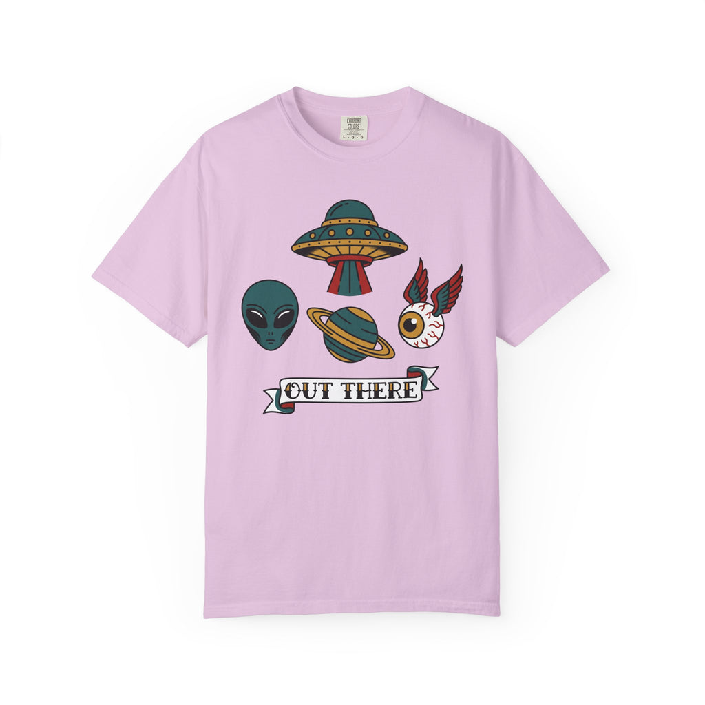 Light pink crewneck T-shirt with alien, UFO, and 'Out There' graphic