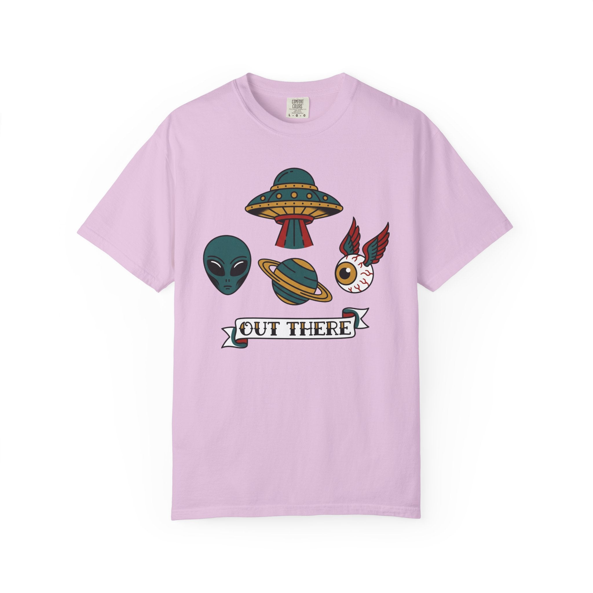 Light purple crewneck T-shirt with alien, UFO, and colorful “Out There” chest graphic
