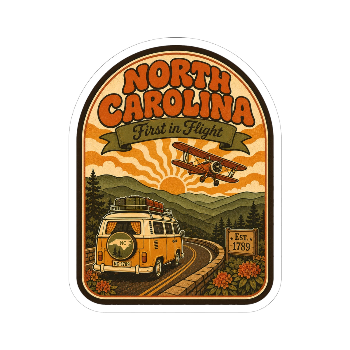 North Carolina “First in Flight” van and biplane round decal with white outline