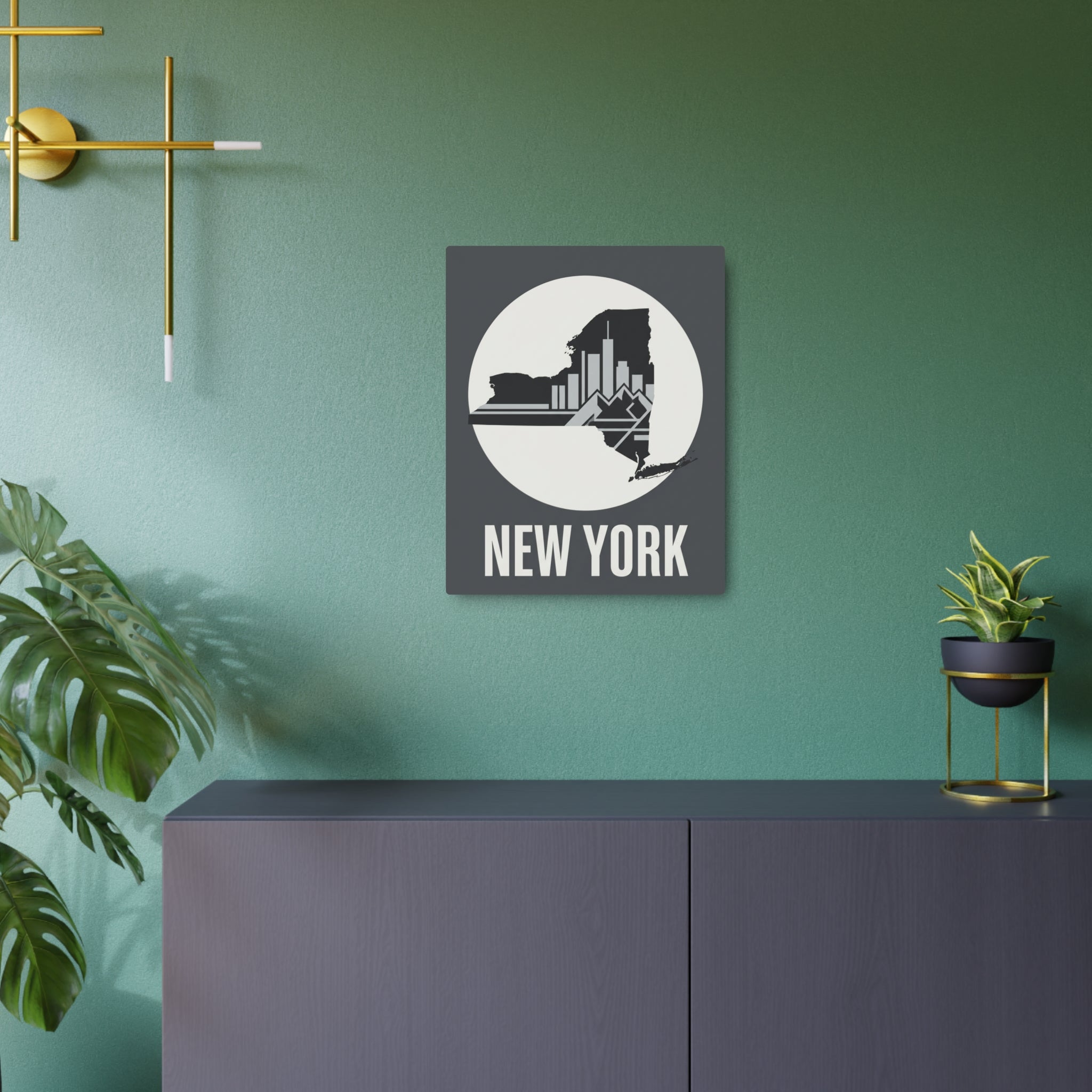 Dark gray metal wall sign with skyline silhouette and “NEW YORK” lettering