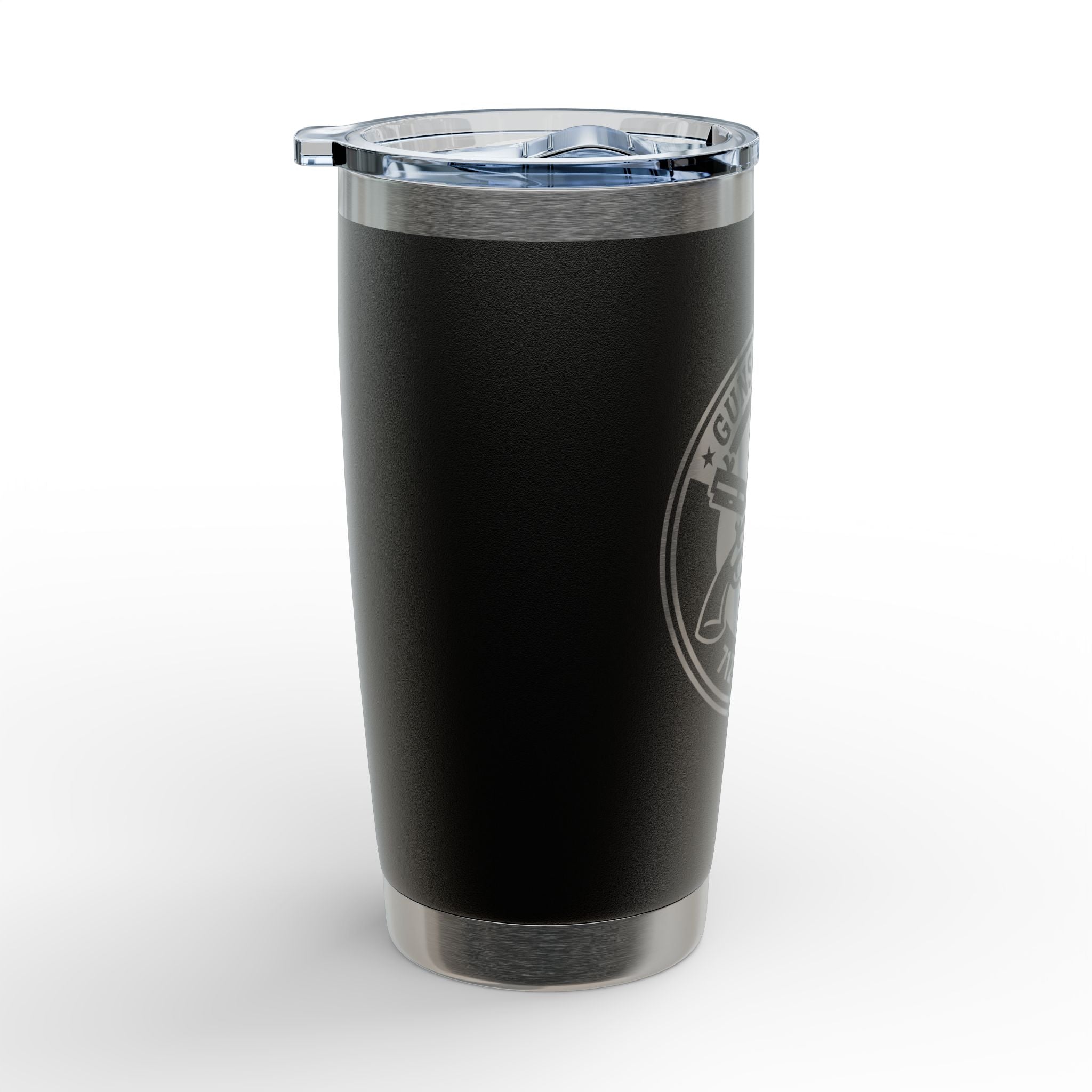 Black stainless insulated travel tumbler with partial side emblem and clear lid
