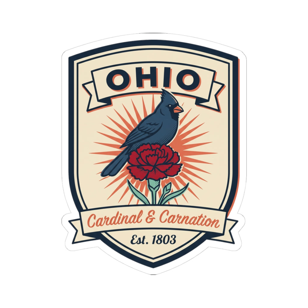 Ohio vintage state badge sticker with cardinal and red carnation, Est. 1803