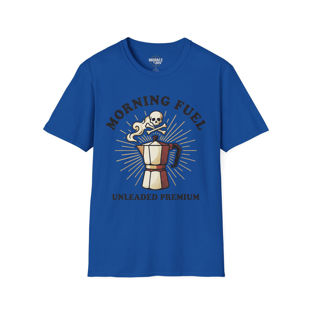 Royal blue unisex tee: “Morning Fuel” skull moka pot graphic, “Unleaded Premium”