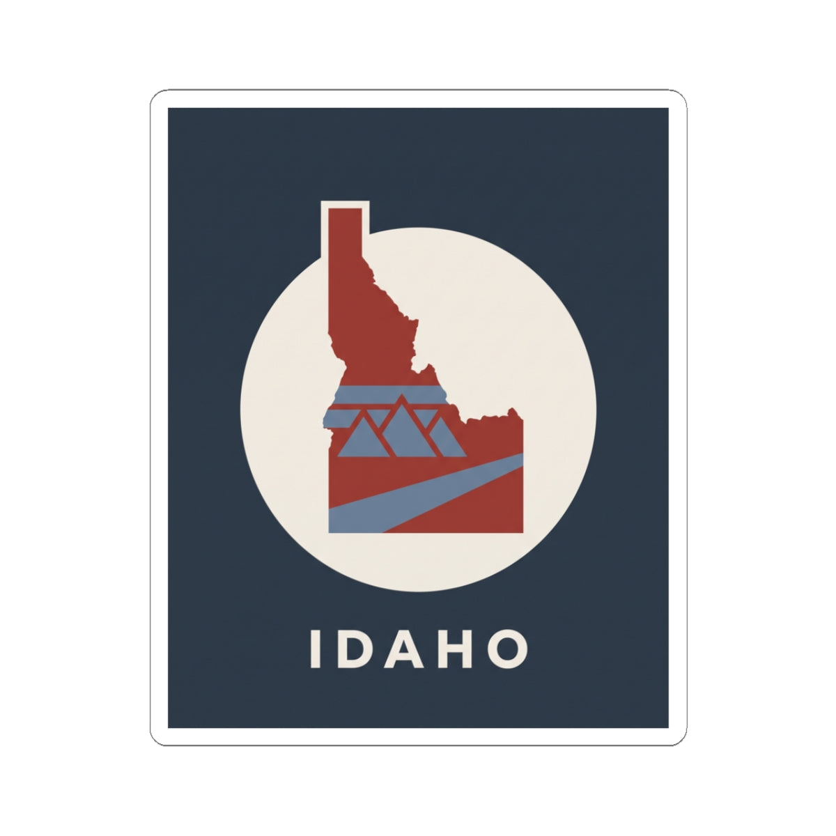 Idaho state silhouette kiss-cut sticker with blue background, red emblem, and “IDAHO” text