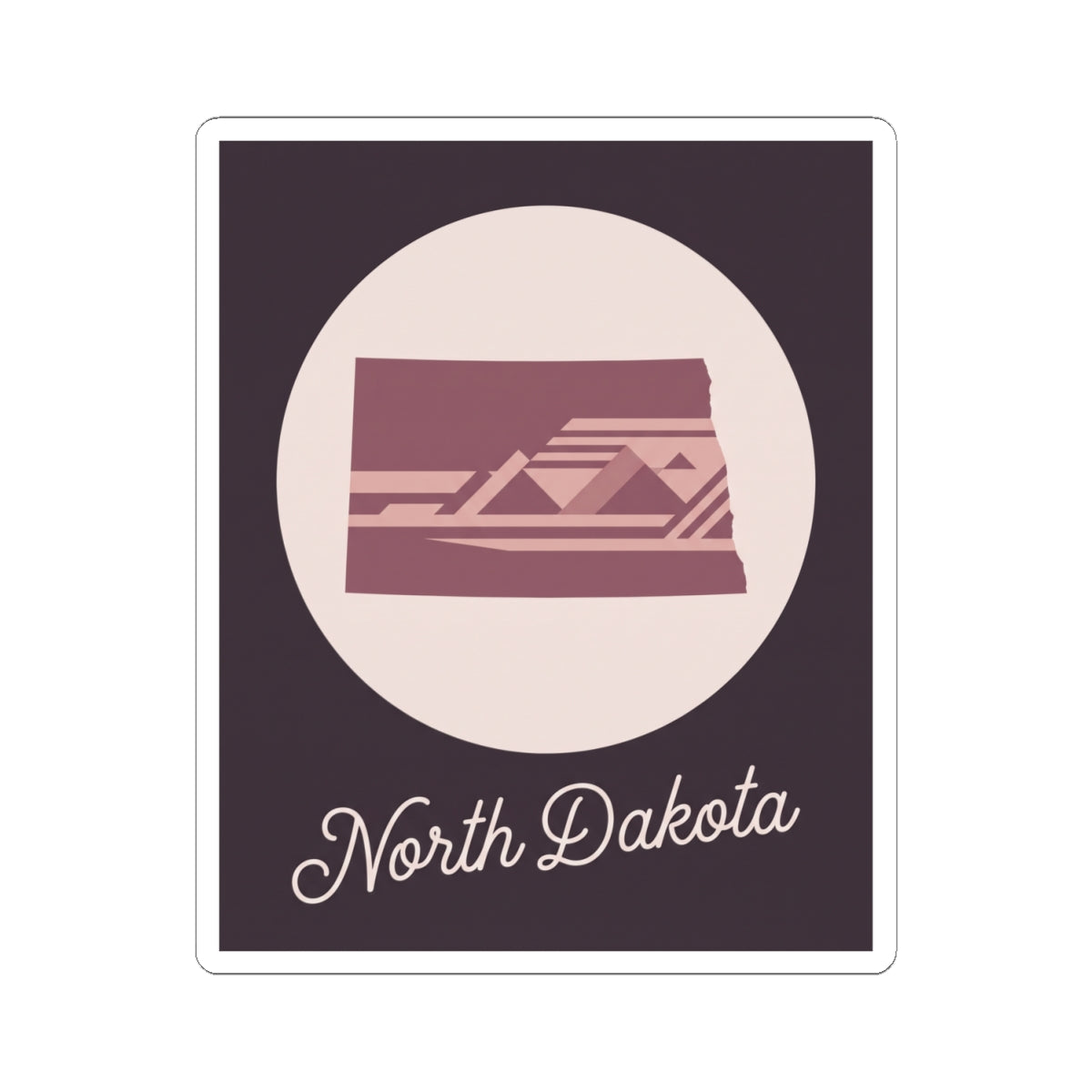 North Dakota square decal: dark purple background, pale circle, maroon skyline icon, script