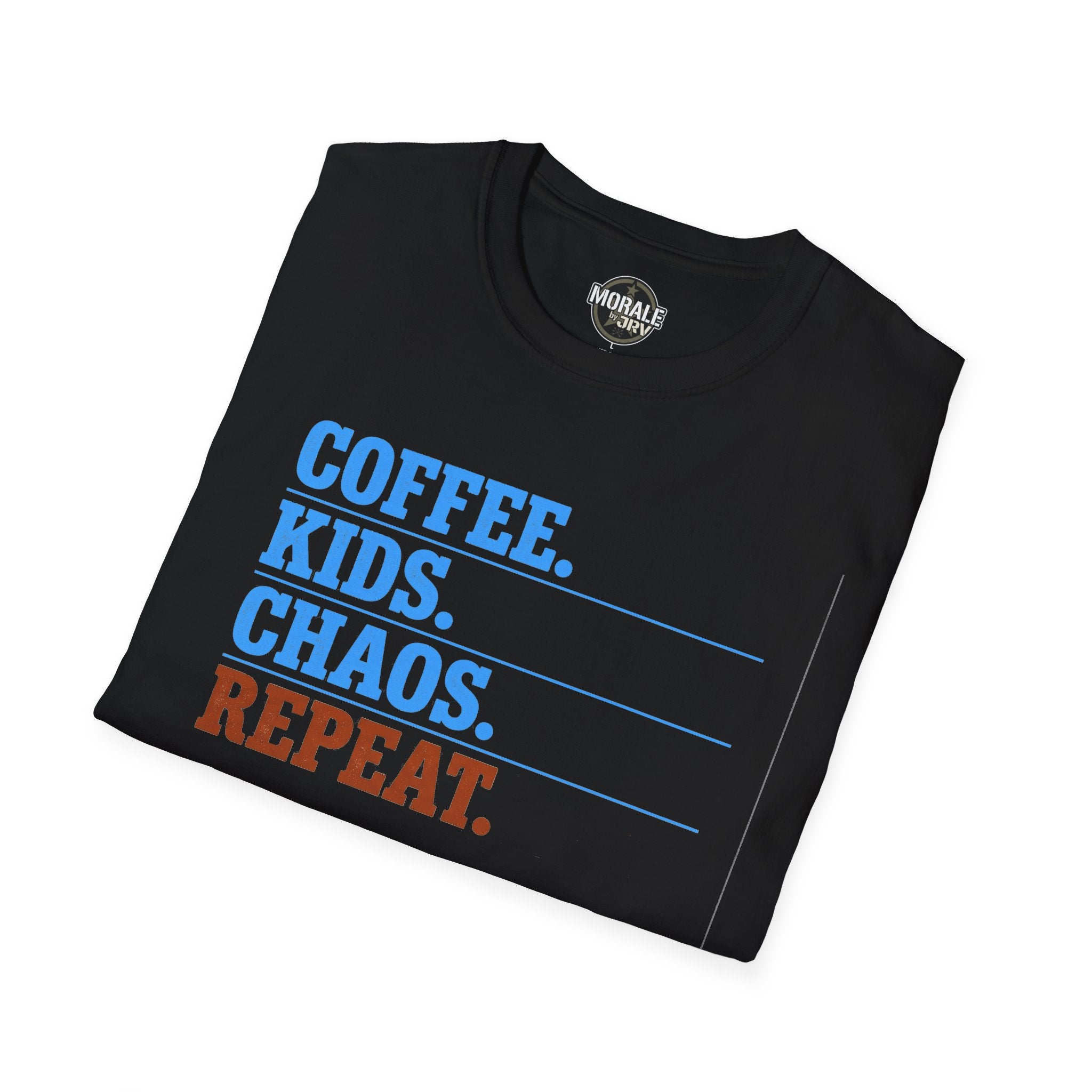 Kids Chaos repeat T-shirt, black, “COFFEE. KIDS. CHAOS. REPEAT.” front graphic
