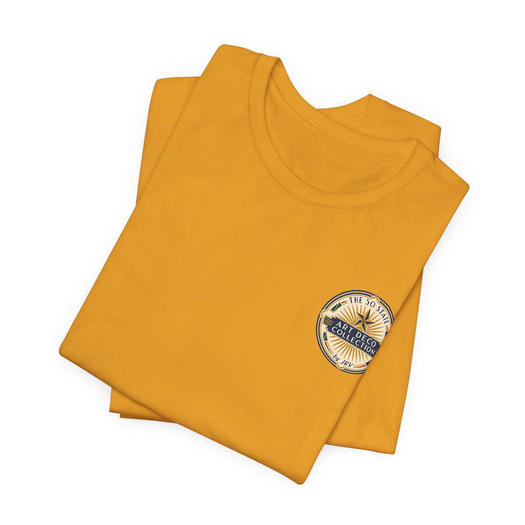 Gold t-shirt with small round logo patch on the chest