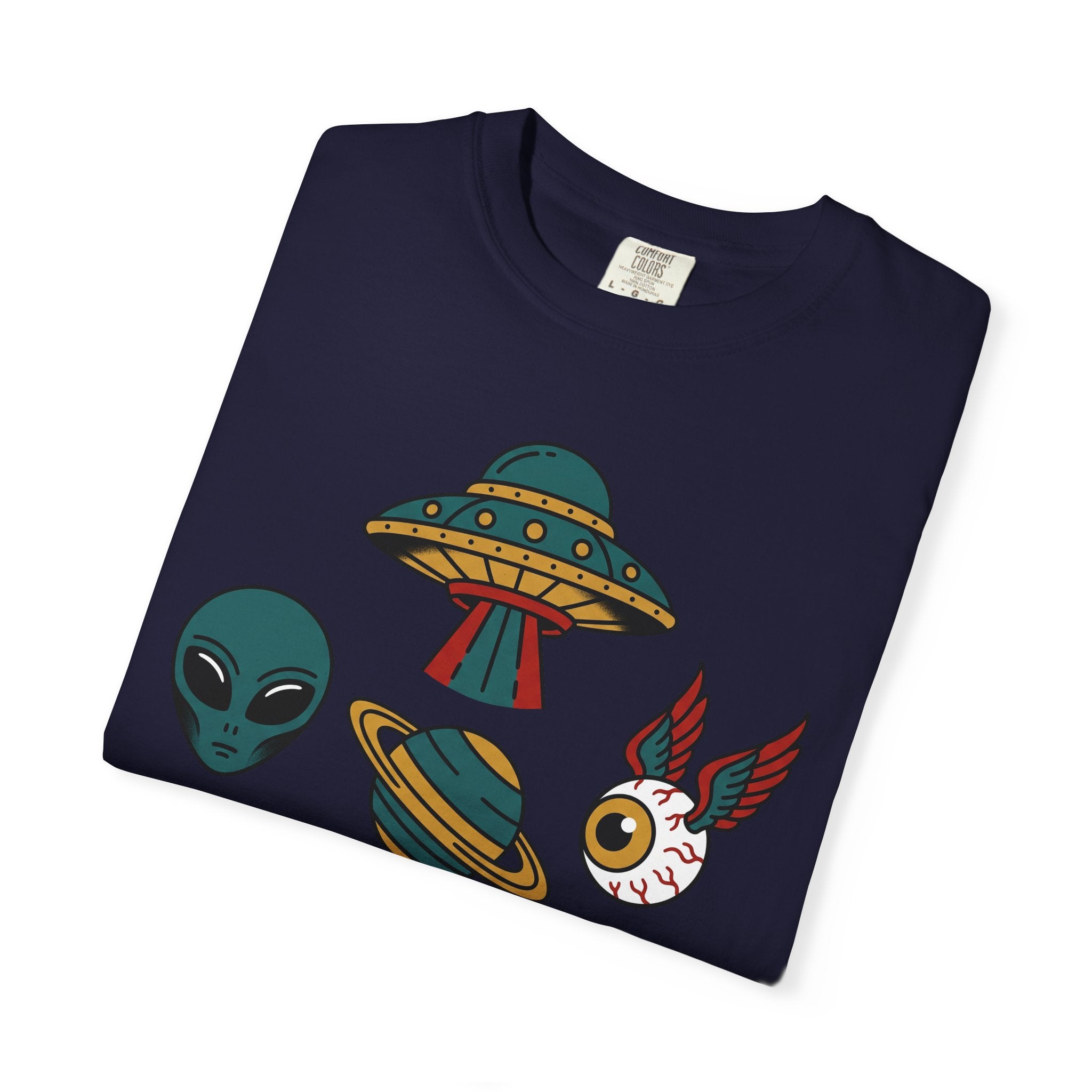 Dark navy T-shirt with alien, UFO, and cat graphic print