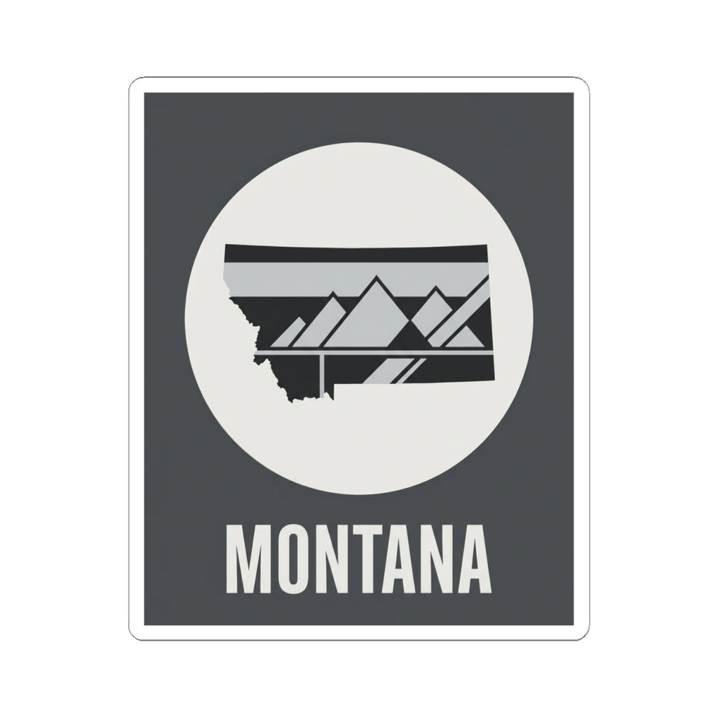 Montana mountain badge sticker showing white circular emblem with landscape graphic and MONTANA