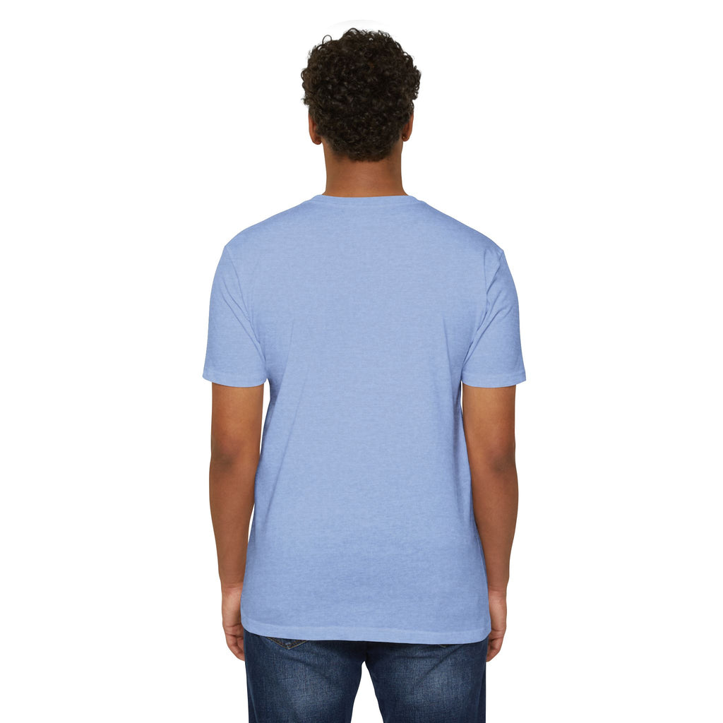 Light blue crewneck graphic t-shirt, back view