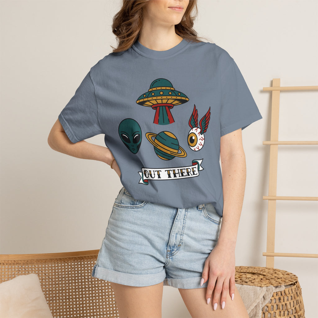 Blue T-shirt on model with alien, UFO and space-cat graphic and OUT THERE label