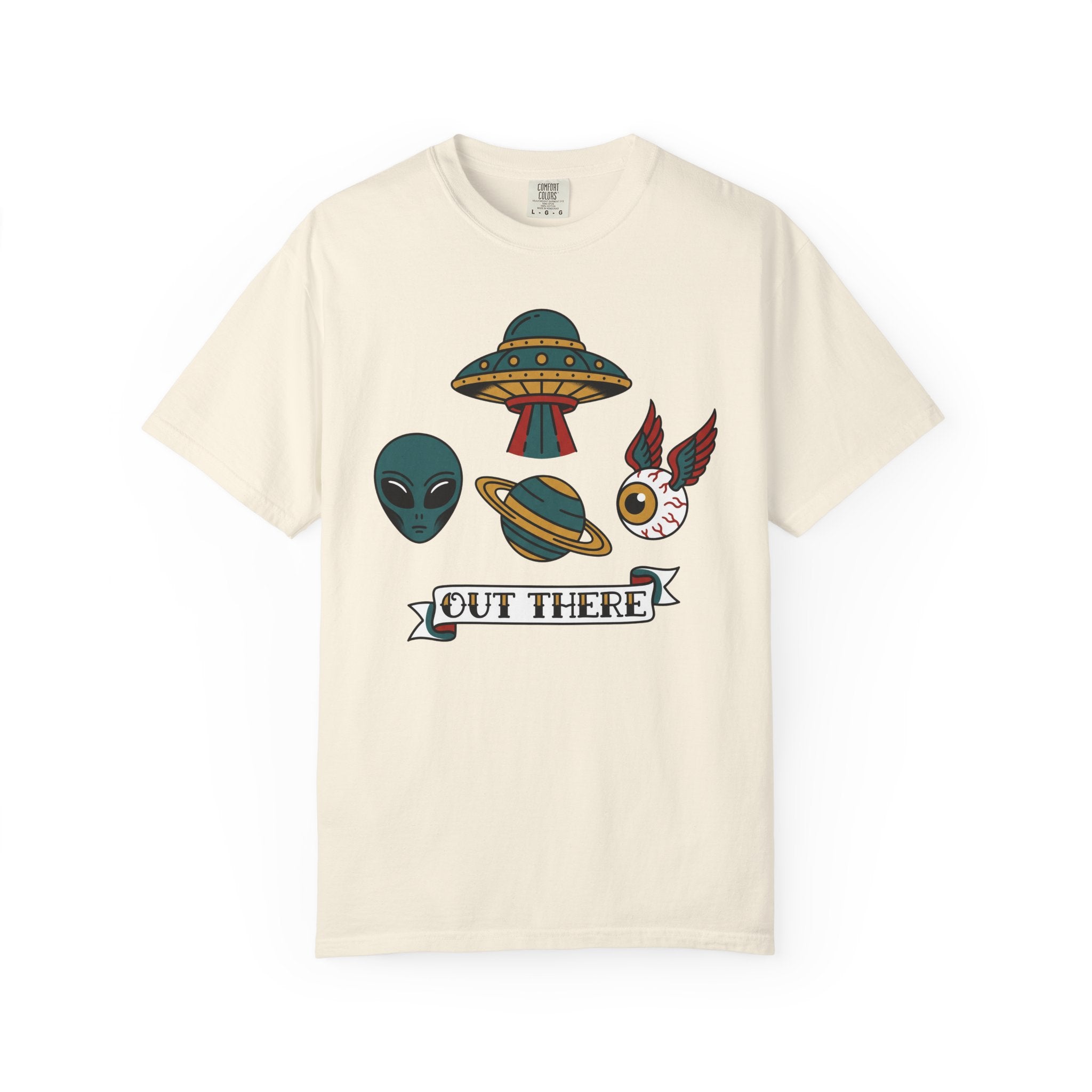 Off-white T-shirt with alien, UFO, and “OUT THERE” banner graphic at center