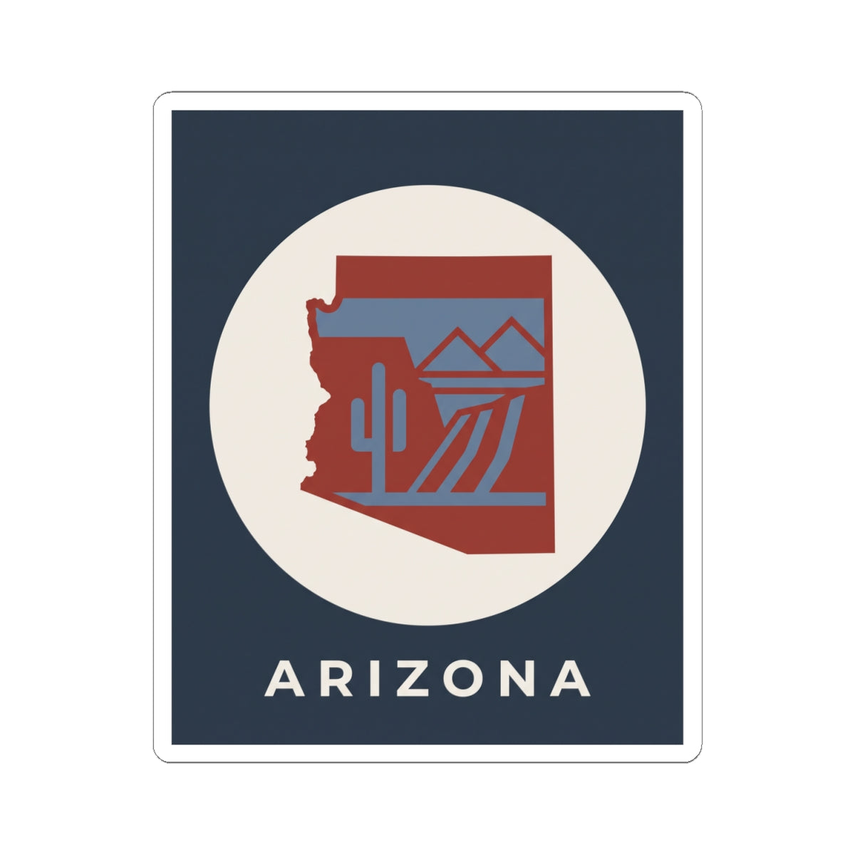 Arizona state shape sticker, blue background with desert cactus icon and “ARIZONA” text