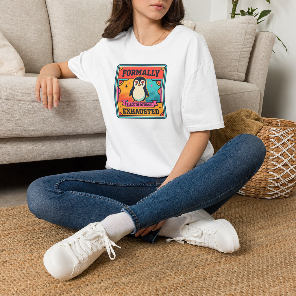 Funny Penguin T-Shirt | Formally Exhausted Black Tie Optional Retro Graphic Tee | Penguin Gift