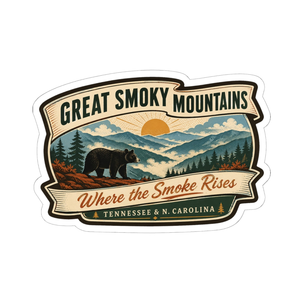 Great Smoky Mountains travel sticker, retro landscape with bear and pine trees; “Where the Smoke Rises”