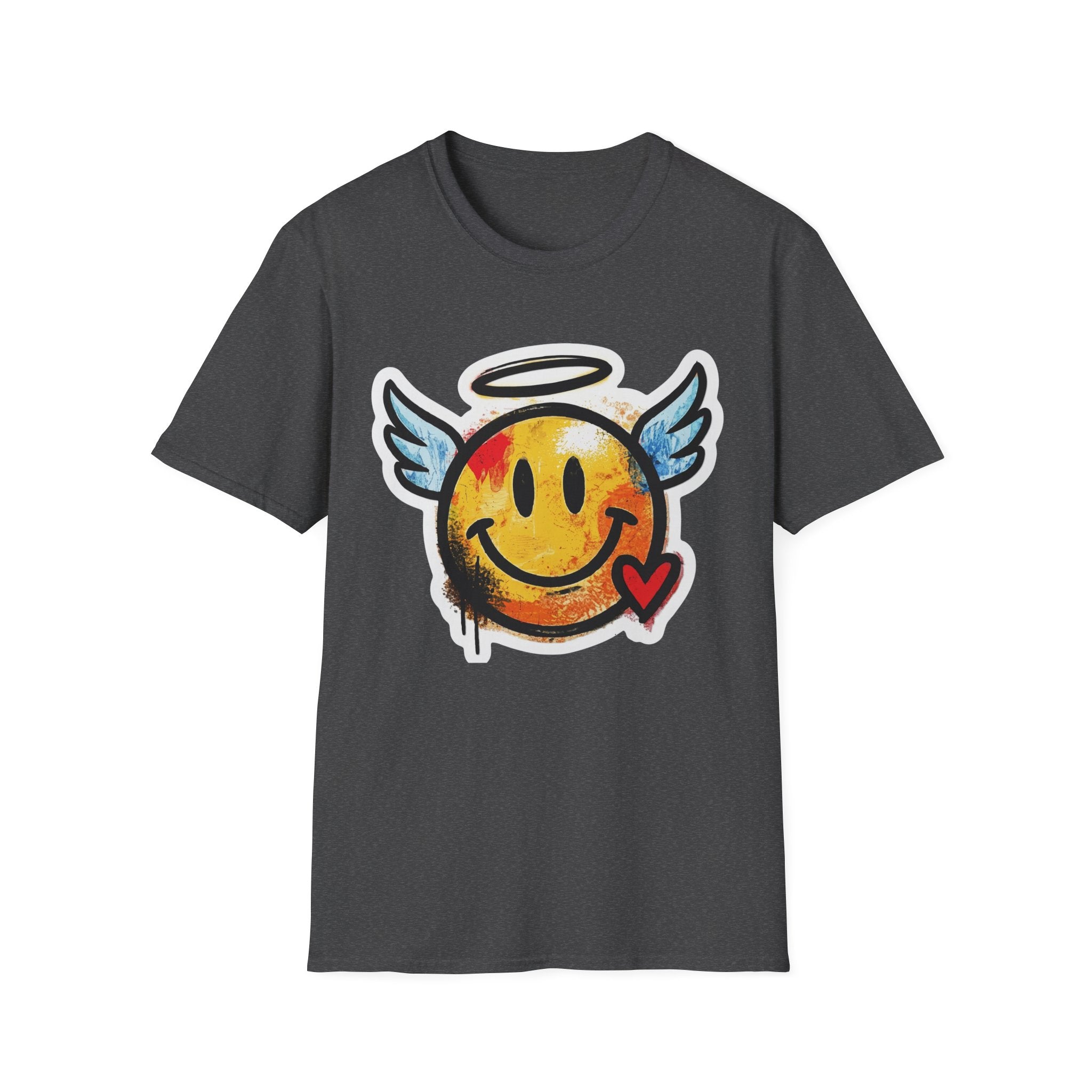 Graffiti Angel Smiley T-Shirt in dark heather with front angel smiley graphic