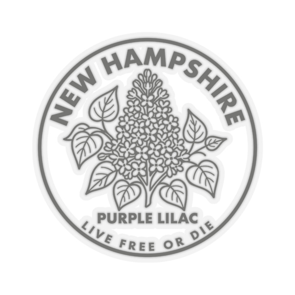 Round vinyl decal with New Hampshire text and purple lilac floral illustration
