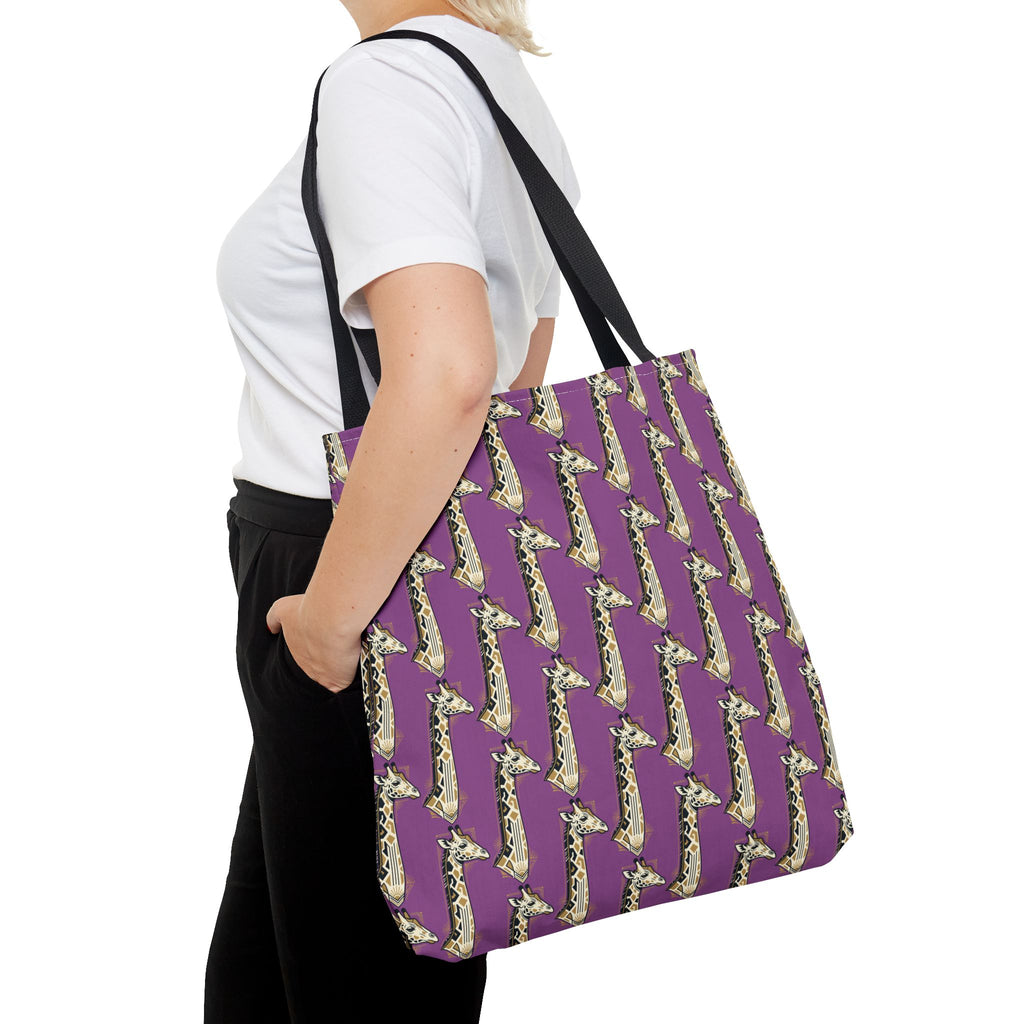 Purple tote bag with saxophone pattern, black shoulder straps, side view.