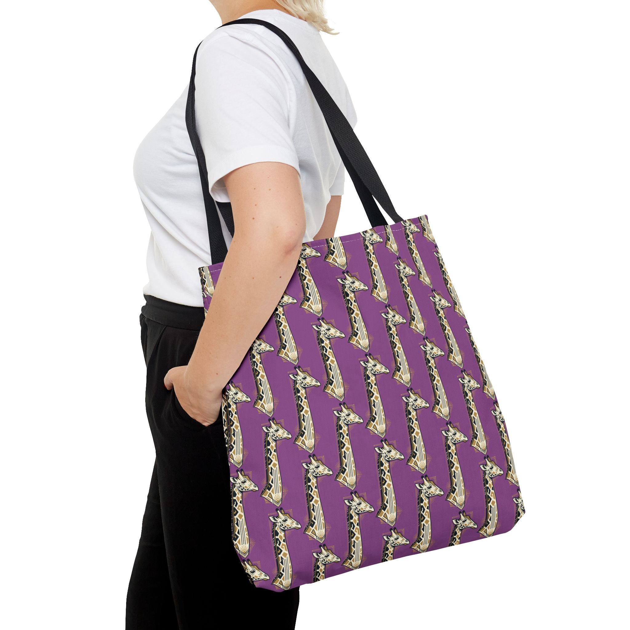 Purple tote bag with saxophone pattern, black shoulder straps, side view.