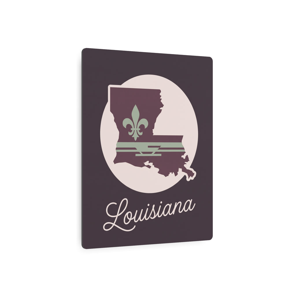 Louisiana metal wall art sign in plum with green fleur-de-lis and “Louisiana” script
