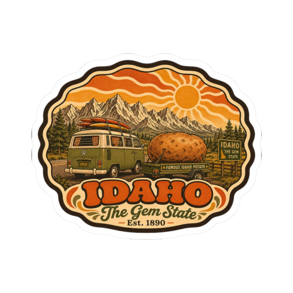 Idaho Gem State vintage potato roadtrip sticker with truck, sun, pine trees and mountains, white outline.