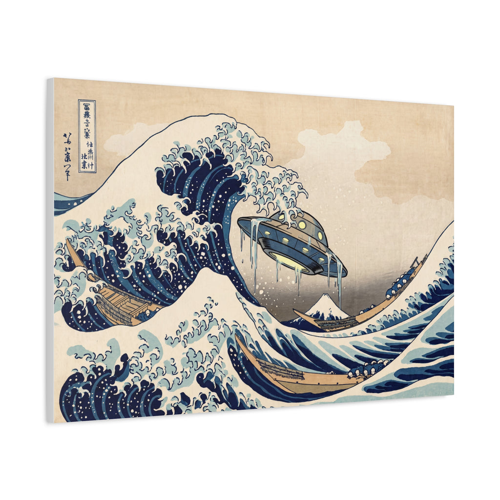 Stretched canvas close-up of swirling blue waves around a UFO ship illustration