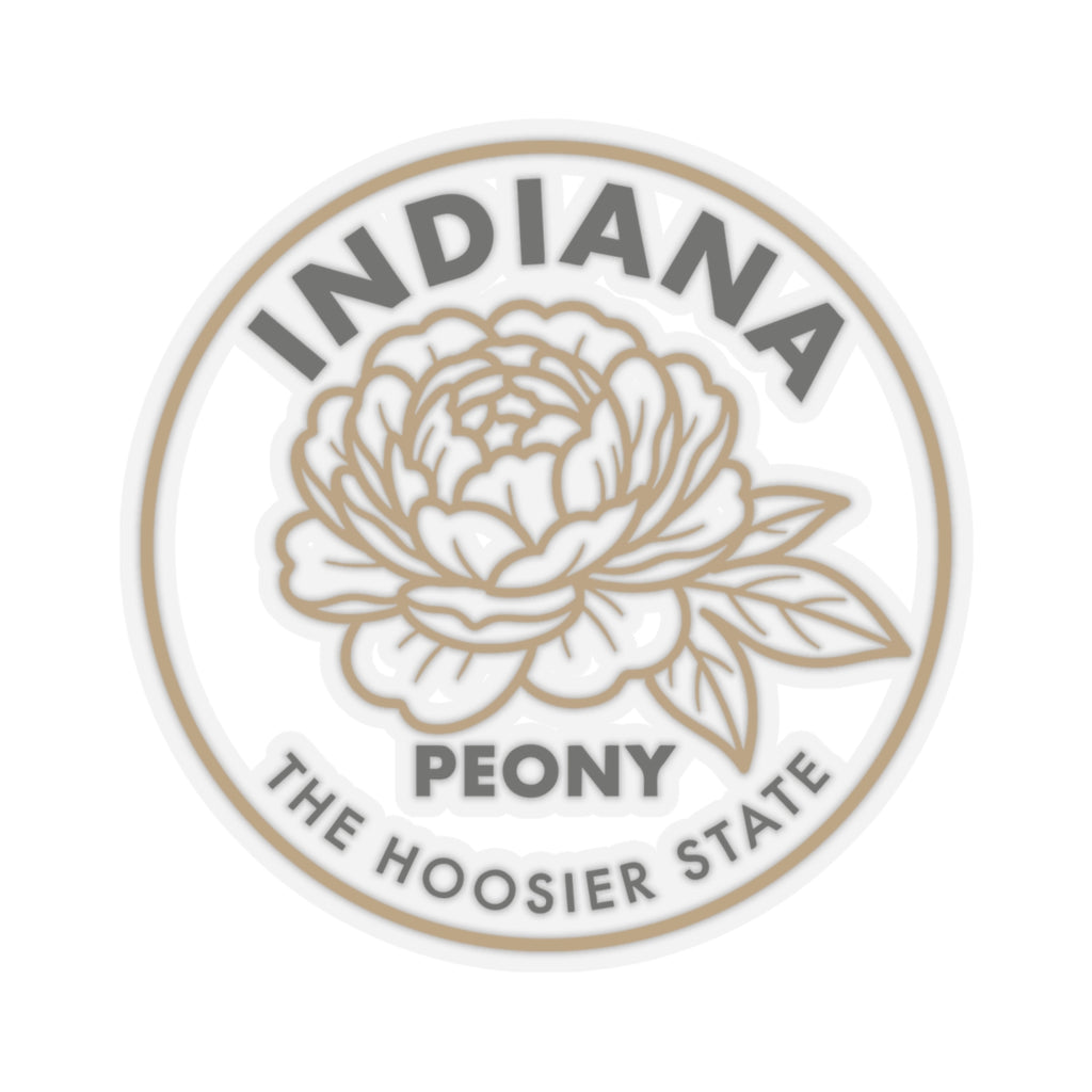 Round Indiana peony transparent vinyl sticker with leaves and 'THE HOOSIER STATE' text