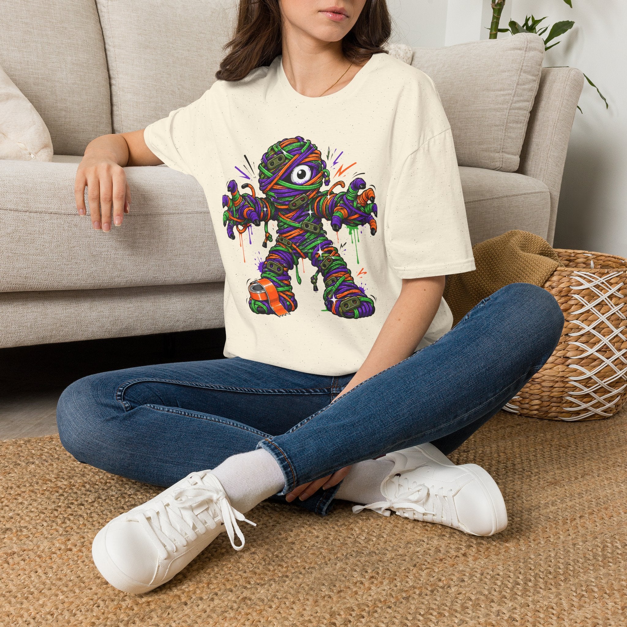 Natural wrapped monster graphic t-shirt worn by model, colorful front design