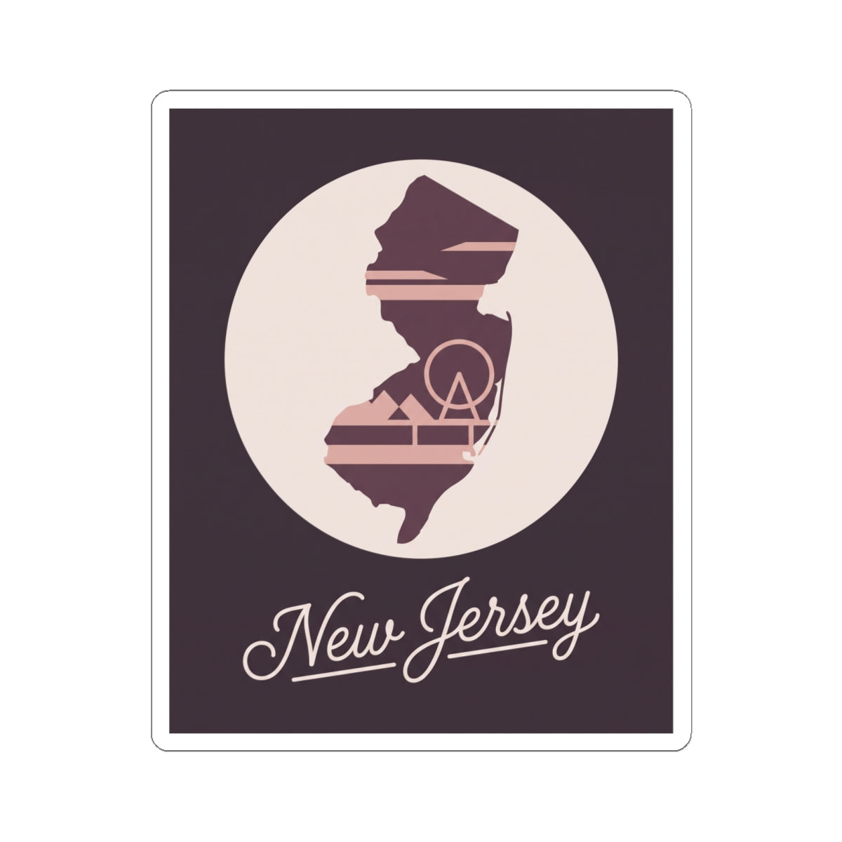 Square New Jersey state silhouette decal with “New Jersey” script and maroon-and-beige design