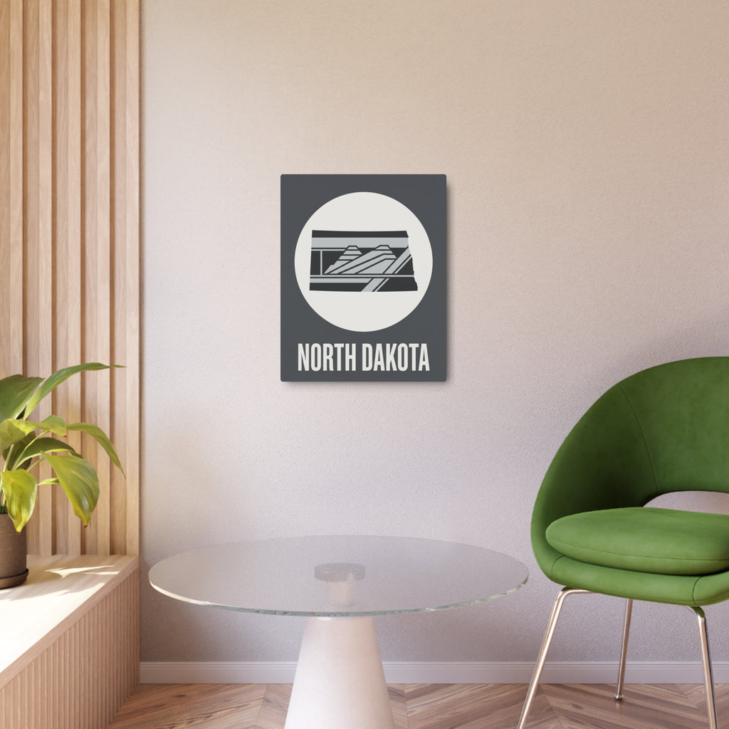 Dark gray square North Dakota metal wall sign with white circle landscape stripes and text