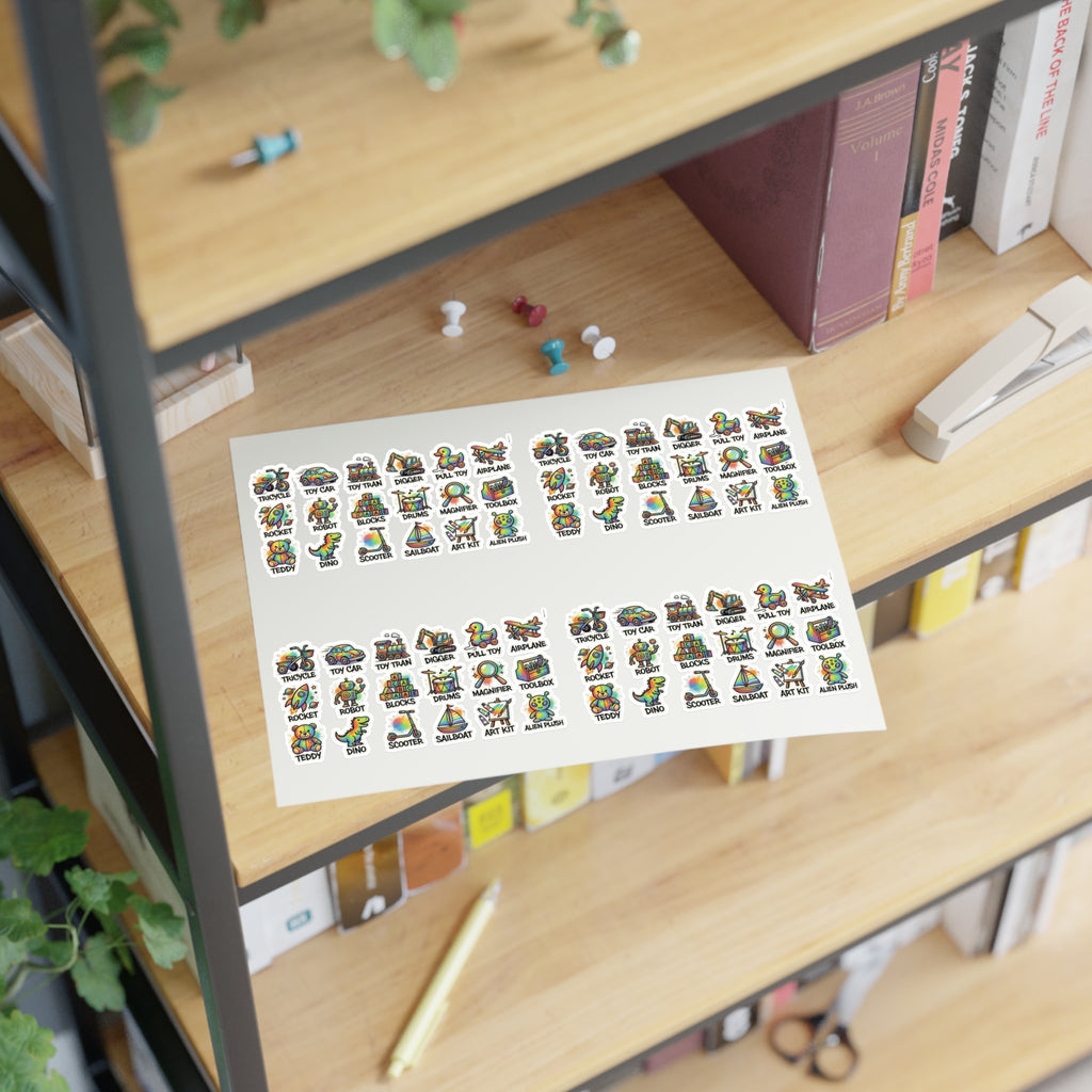 Toy icon sticker sheet, die-cut labels placed on a desk shelf for kid organization