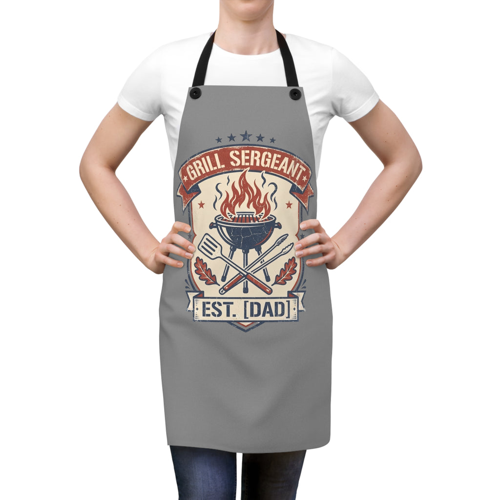 Grill Sarge Apron for Dad | Funny BBQ Grilling Apron | Retro Badge Cooking Apron | Fathers Day Gift | Adjustable Gray Apron
