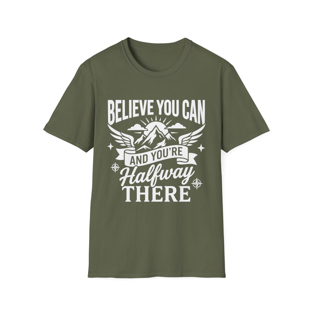 Military green T-shirt with “Believe You Can” mountain-and-wings typography print