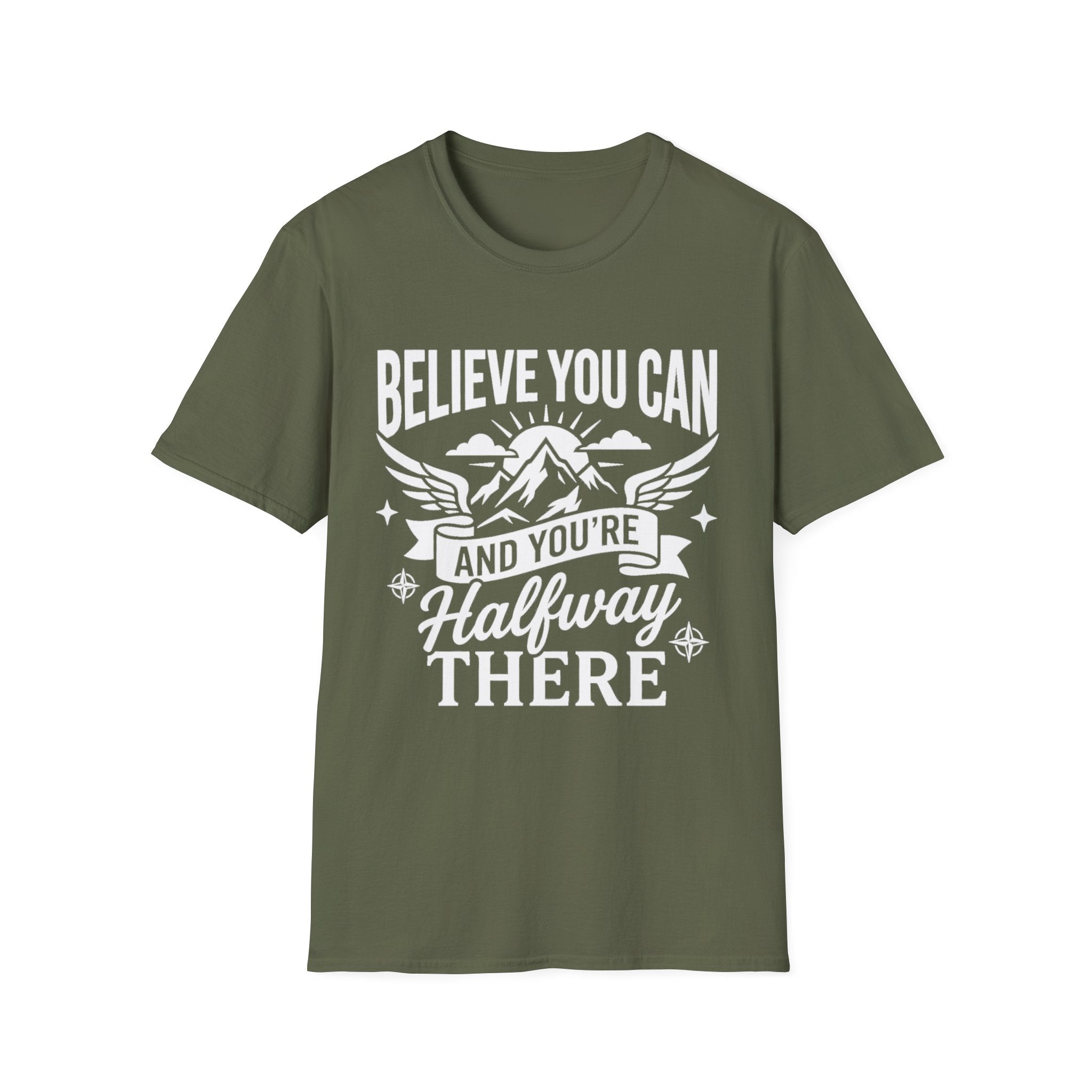 Military green T-shirt with “Believe You Can” mountain-and-wings typography print
