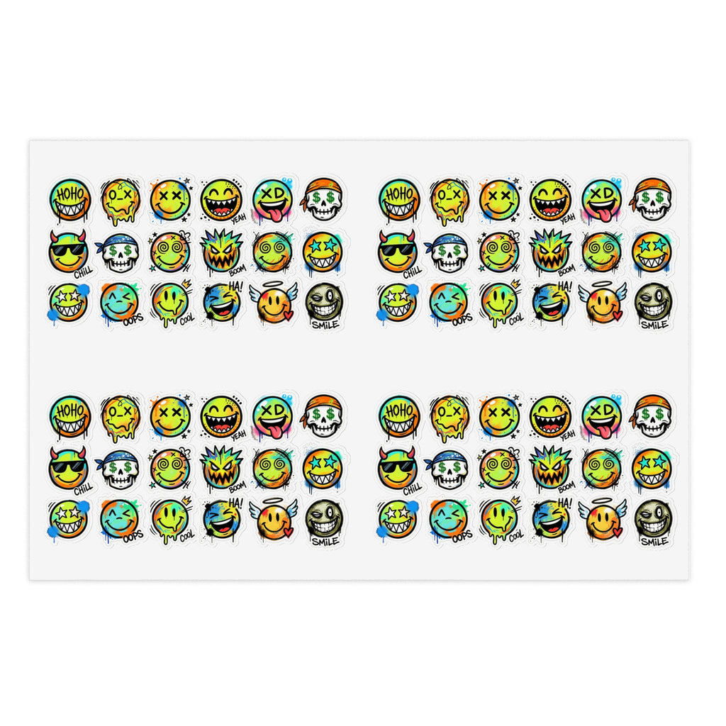 Emoji face sticker sheet showing cute grins, laughs, and skull-like icons (die-cut)