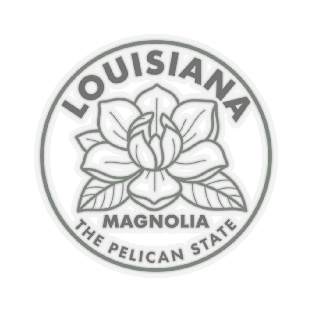 Transparent vinyl round sticker with gray magnolia flower and Louisiana state text border