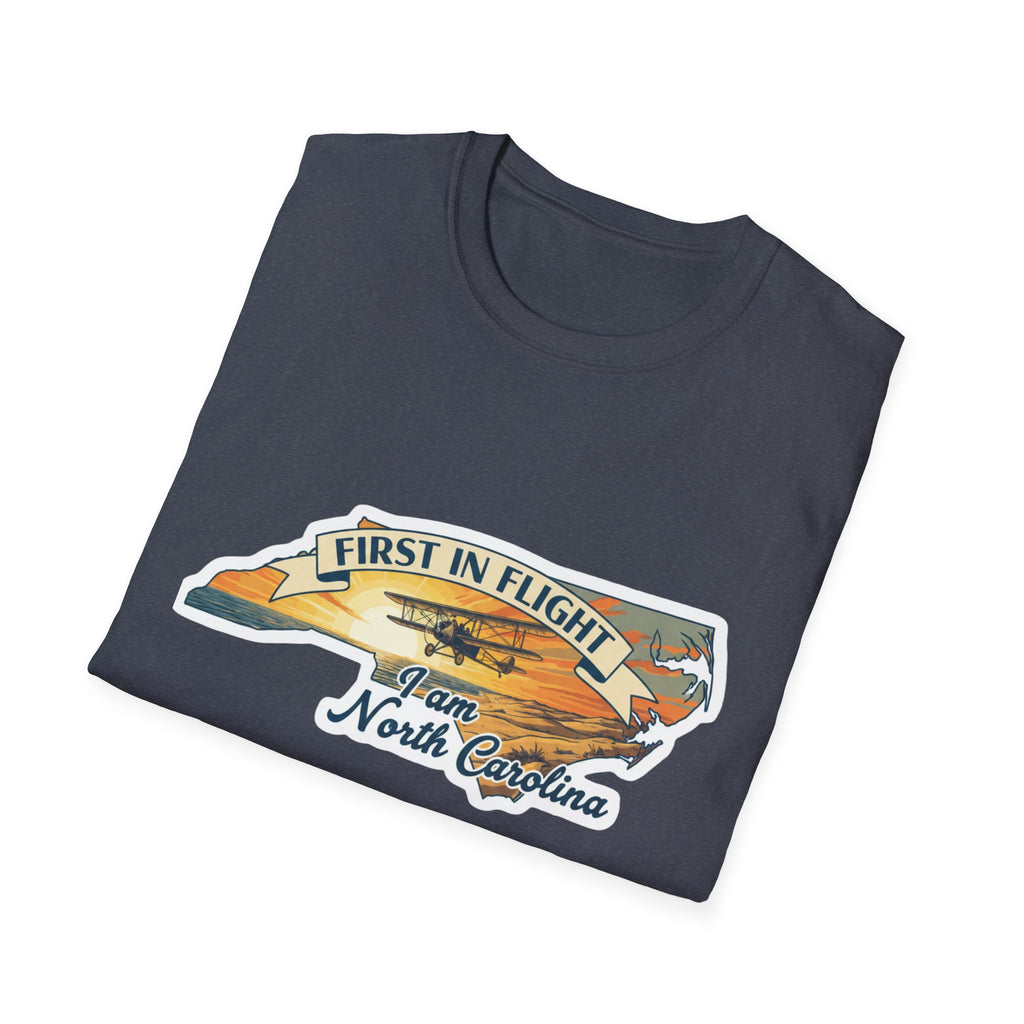 Dark First in Flight North Carolina T-shirt with airplane and state outline graphic