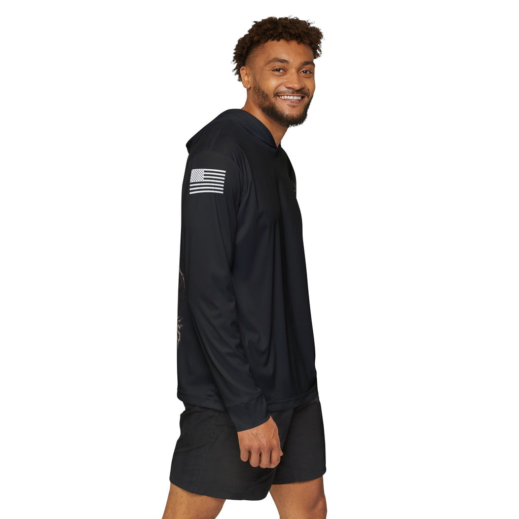 Black sport hoodie with sleeve graphic stripes on left arm
