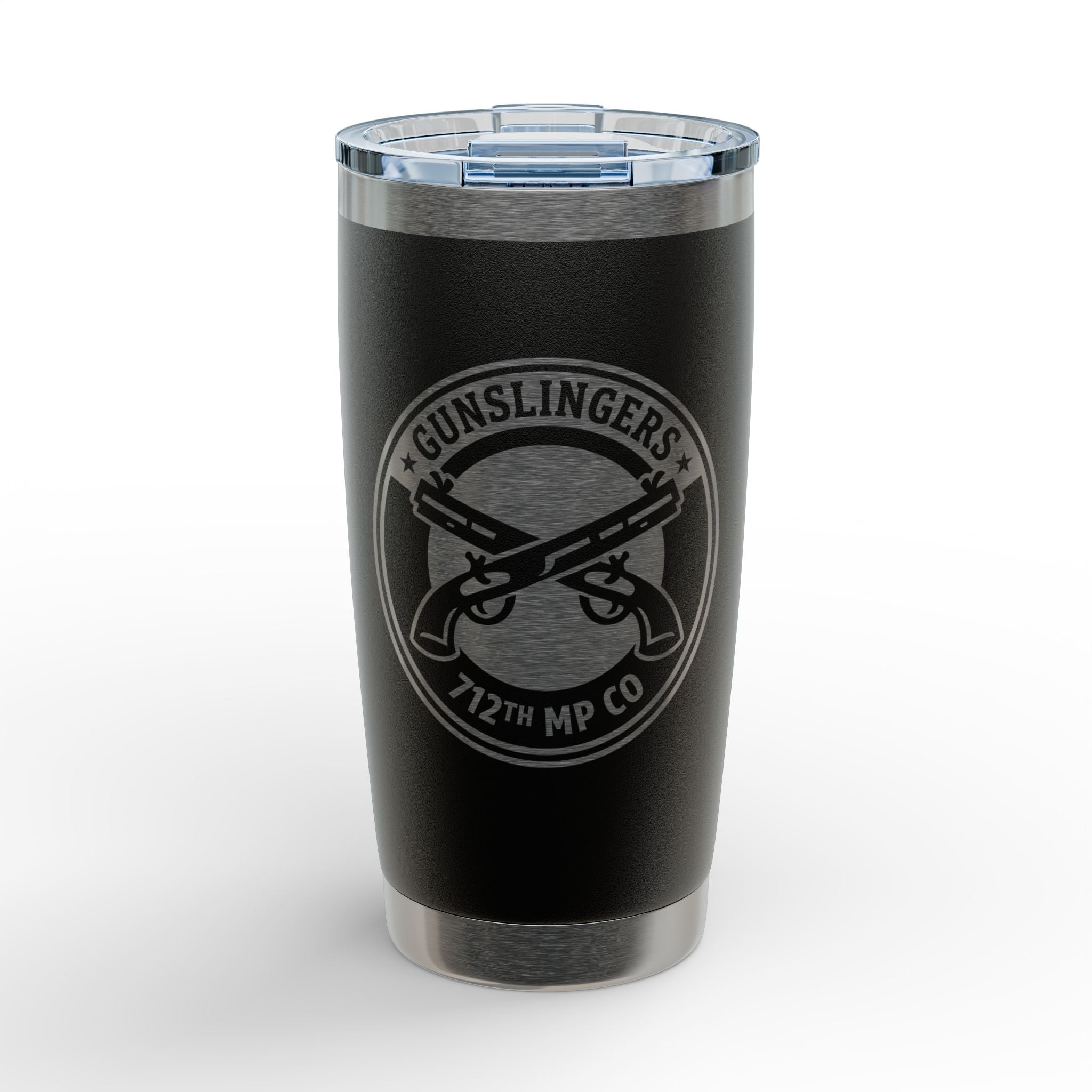 Black stainless insulated travel tumbler with engraved emblem and clear lid