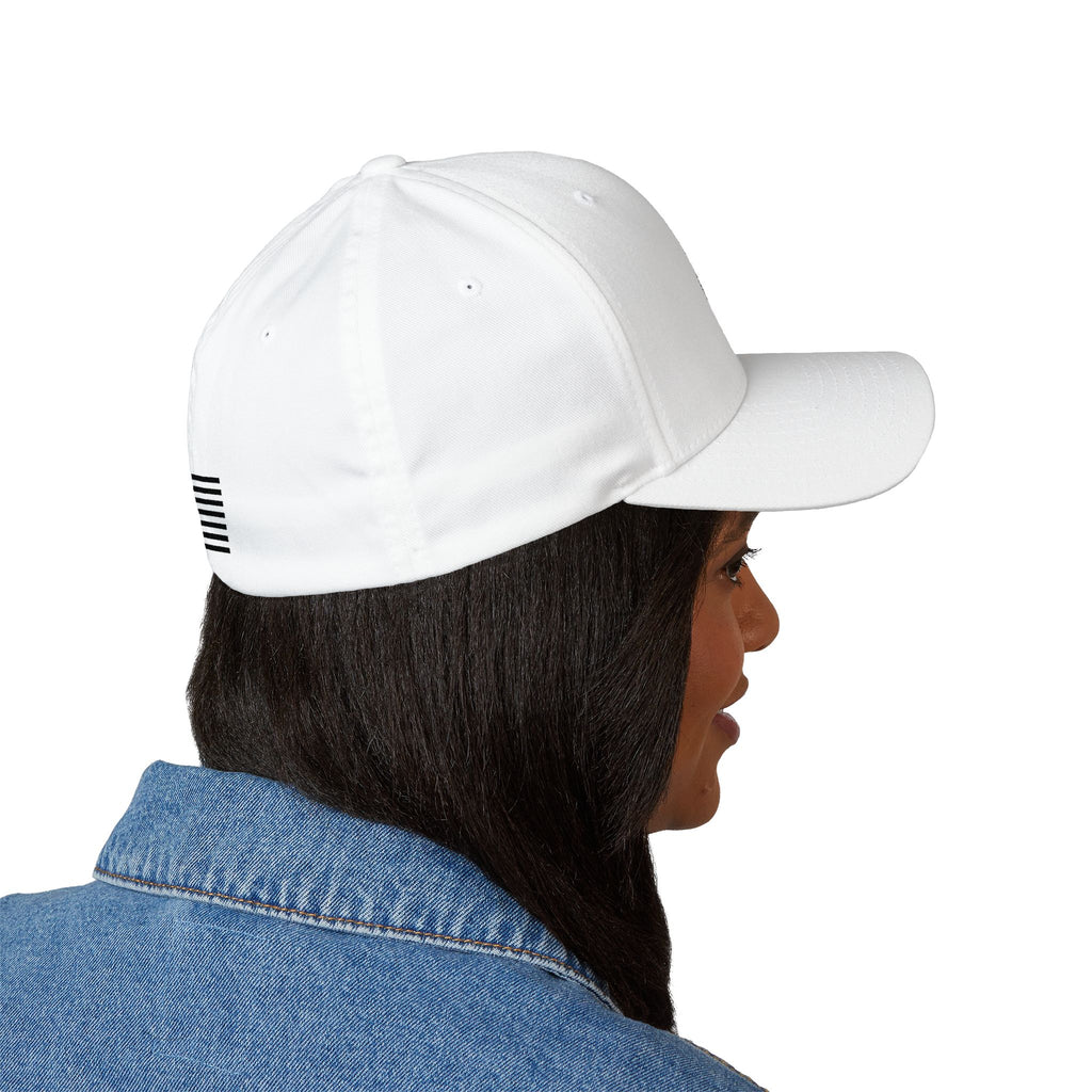 White embroidered baseball cap with American flag patch on side