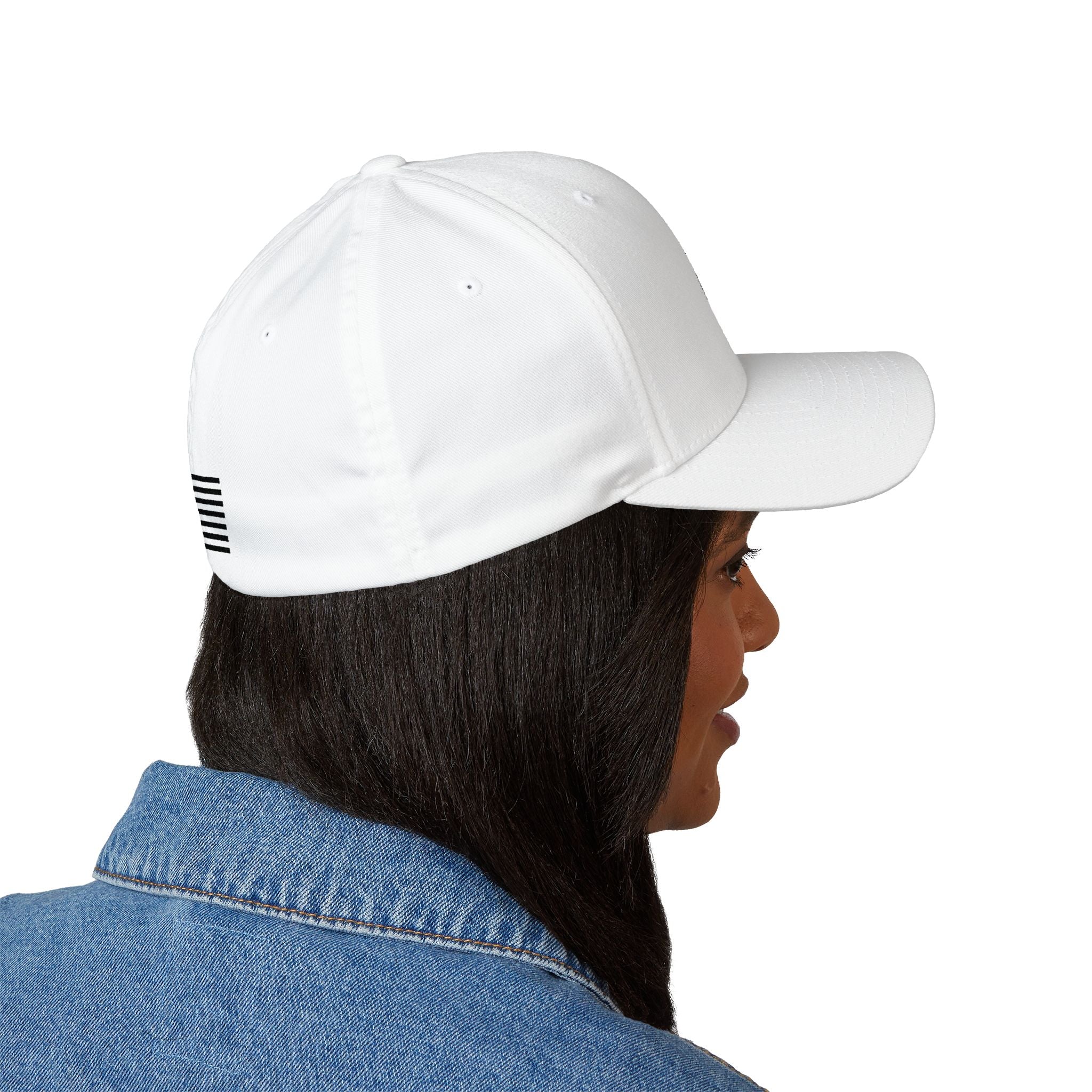 White embroidered baseball cap with American flag patch on side