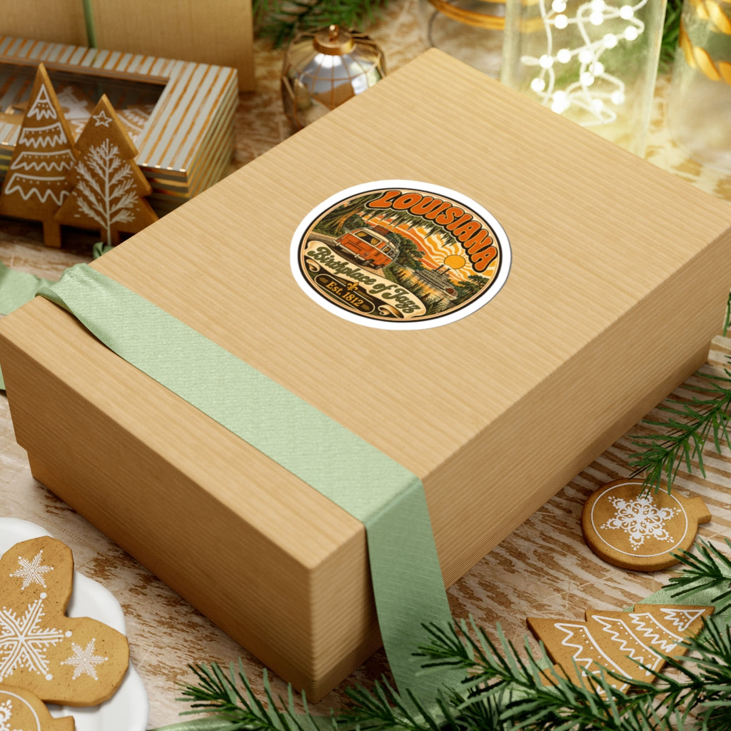 Round Louisiana Birthplace of Jazz sticker on wood gift box, orange van and sun, Est. 1812