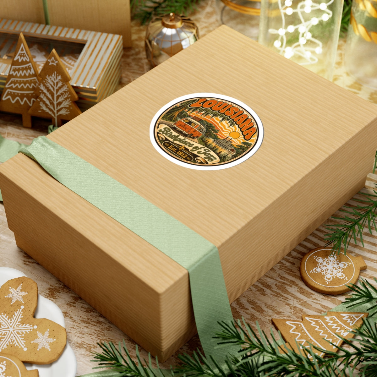 Round Louisiana Birthplace of Jazz sticker on wood gift box, orange van and sun, Est. 1812