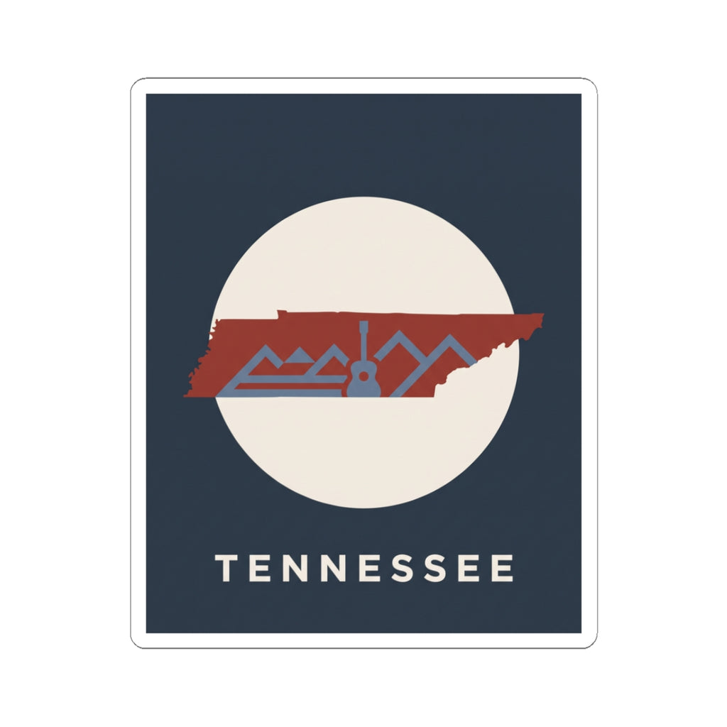 Tennessee outline sticker with retro mountains, guitar detail, and 'Tennessee' text