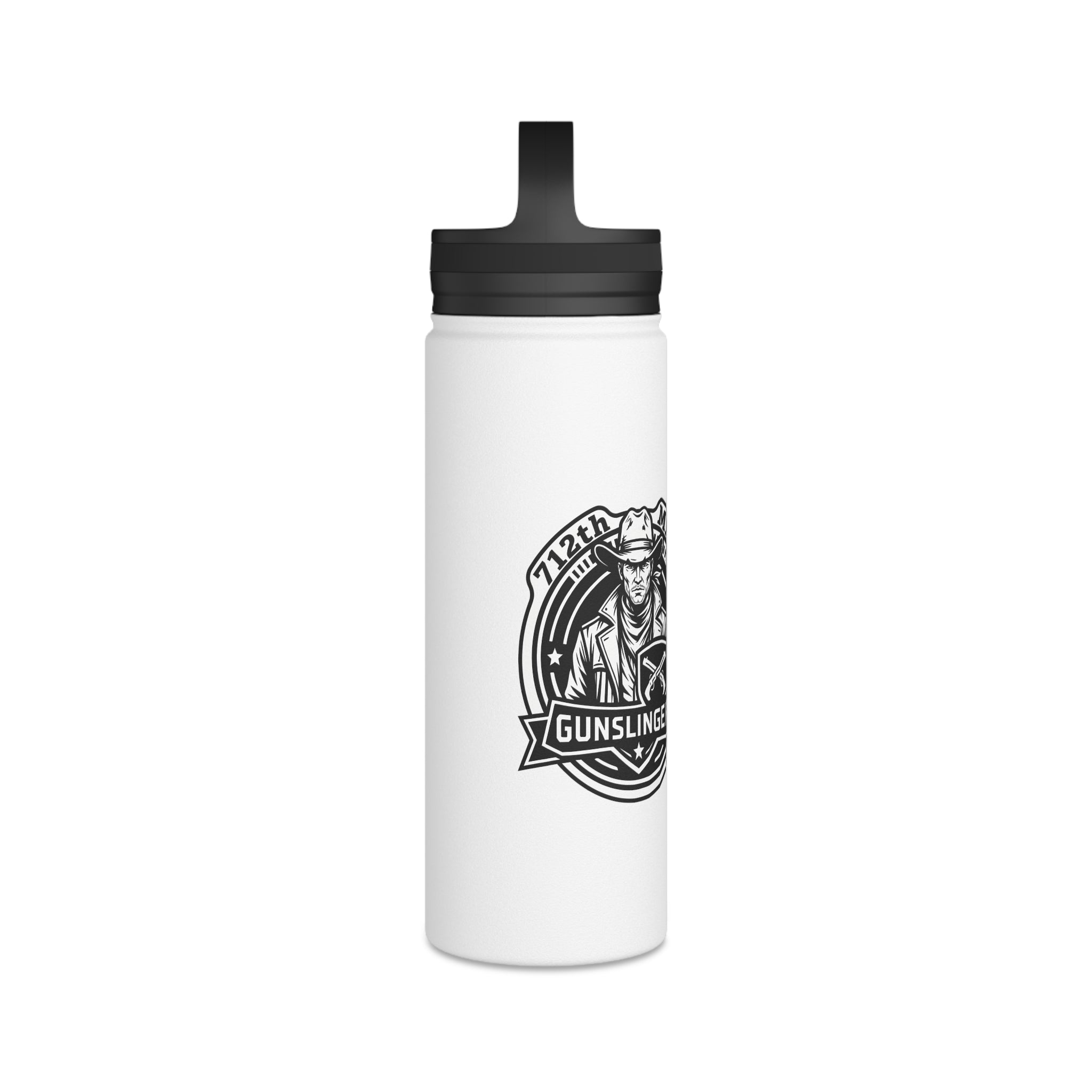 White stainless steel water bottle with black lid and Gunslinger crest graphic