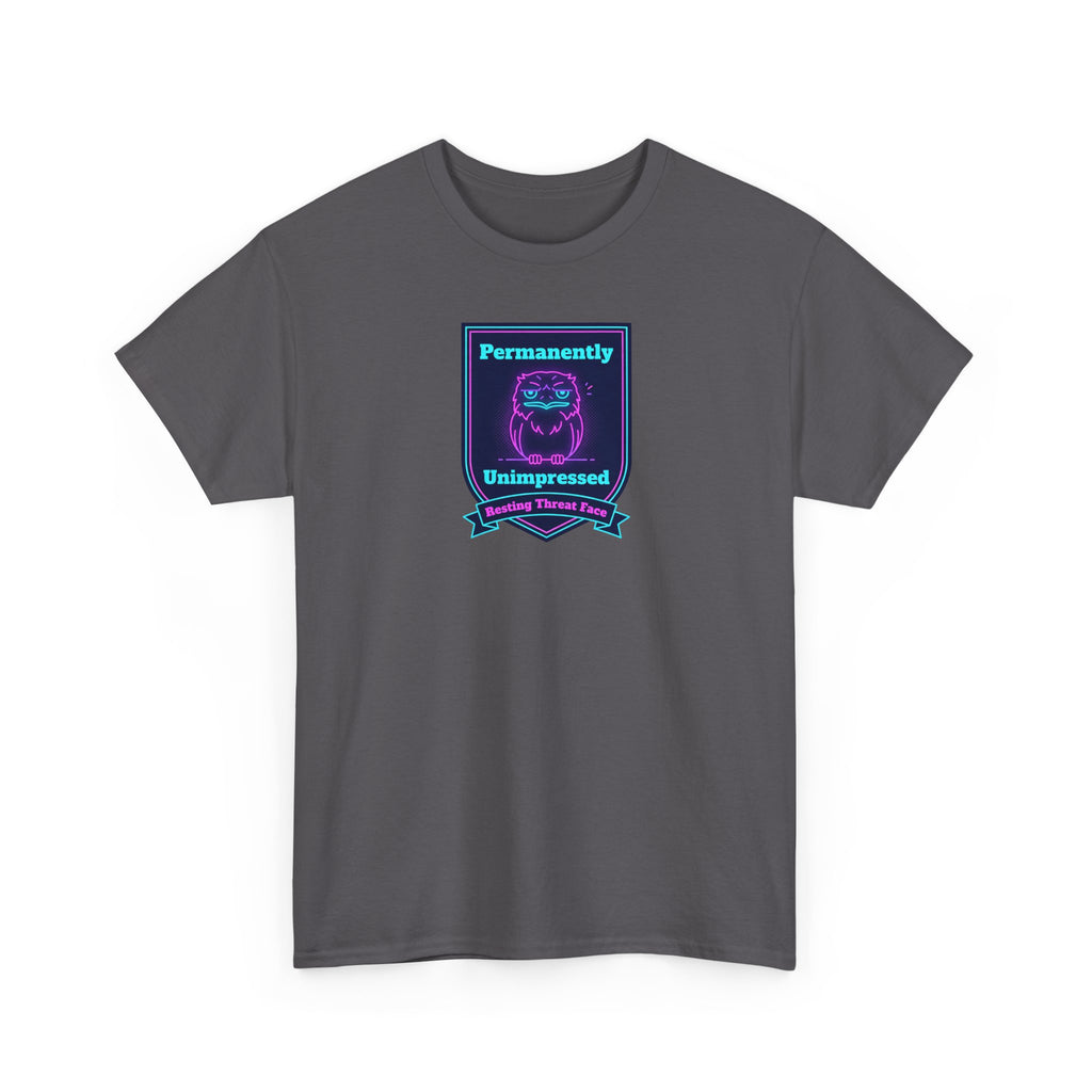 Permanently Unimpressed Badge Tee | Retro Neon Robot Design