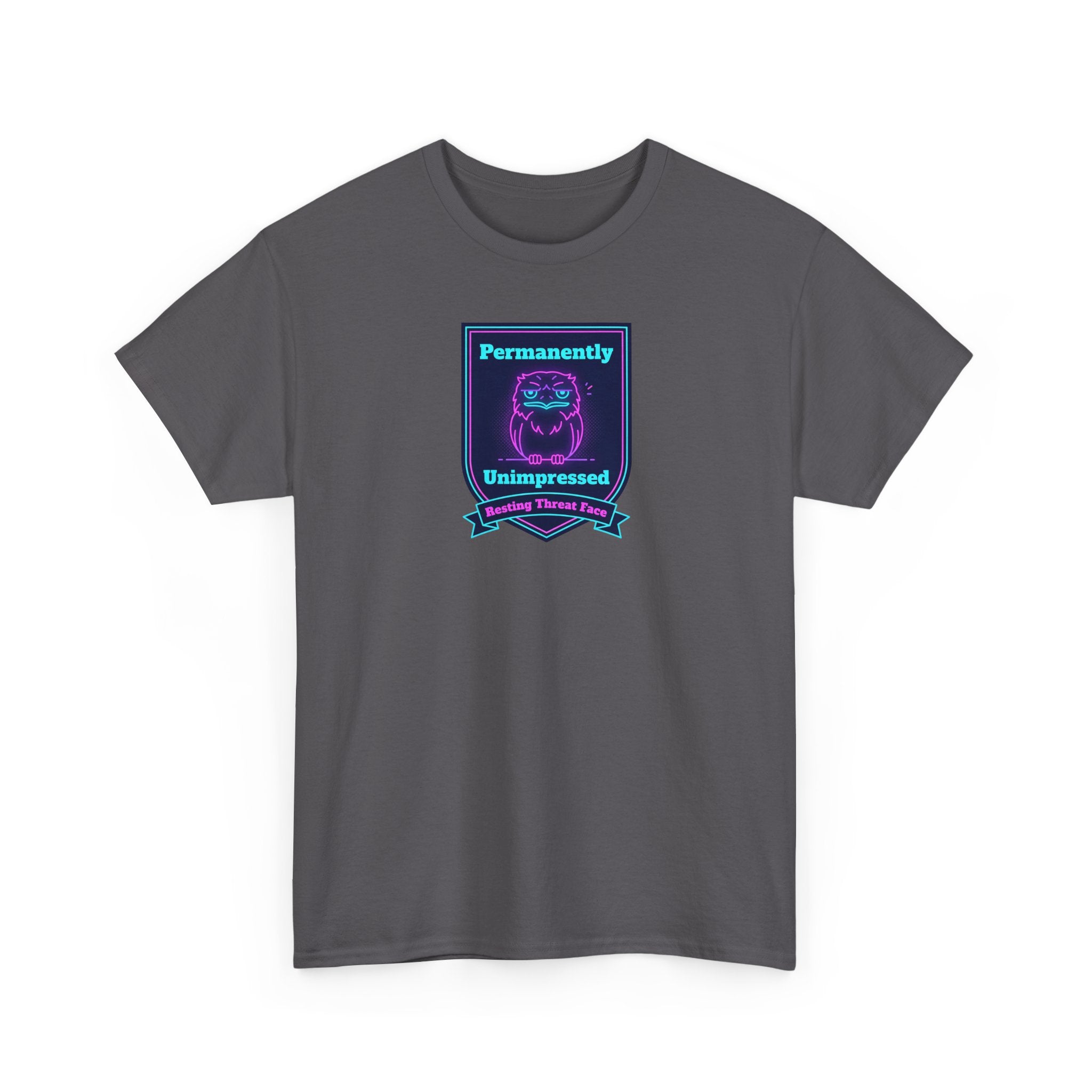 Permanently Unimpressed Badge Tee | Retro Neon Robot Design