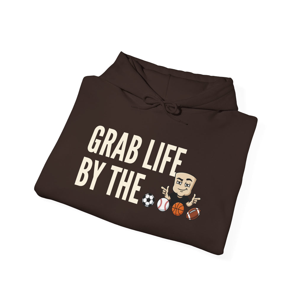 Grab Life By The Balls Hoodie | Funny Sports Ball Graphic Adult Humor Sweatshirt Gift