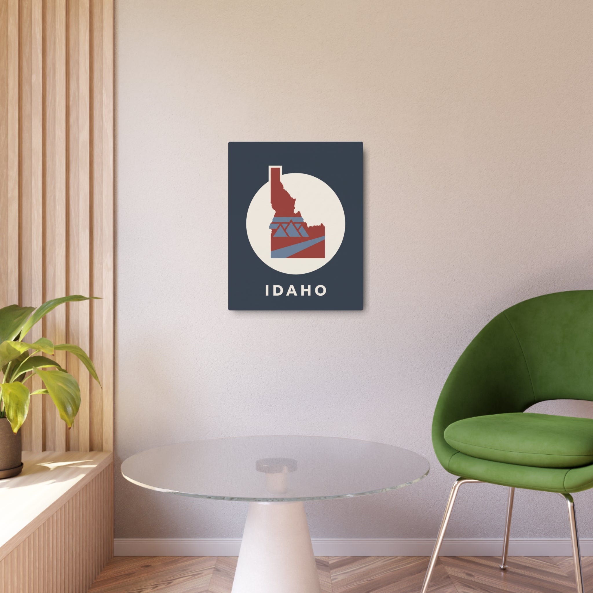 Idaho metal wall sign, dark blue square with red Idaho graphic and white circular IDAHO lettering