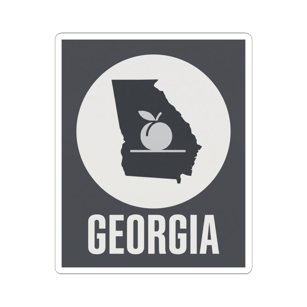 Square white-bordered vinyl decal with Georgia text and circular state silhouette peach icon.